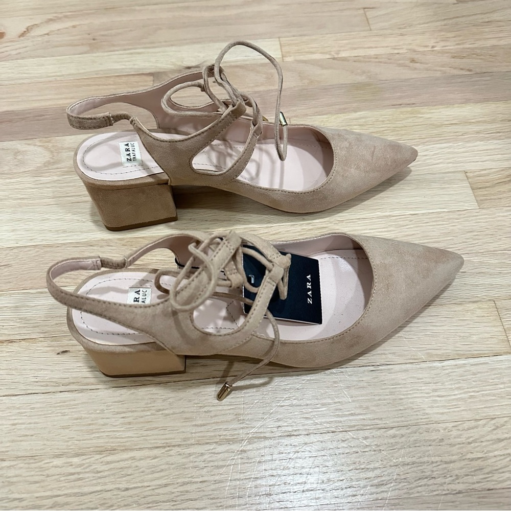 NWT Zara Nude Suede Lace Up Slingback Block Heels 37 6.5